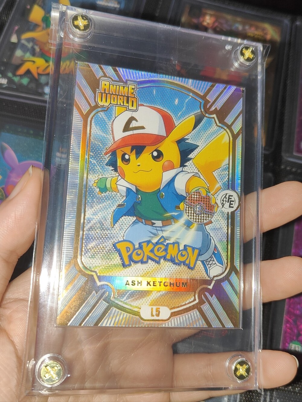 Ash Ketchum Pokemon Gold holo encased Pikachu Cosplay Anime World card Doujin